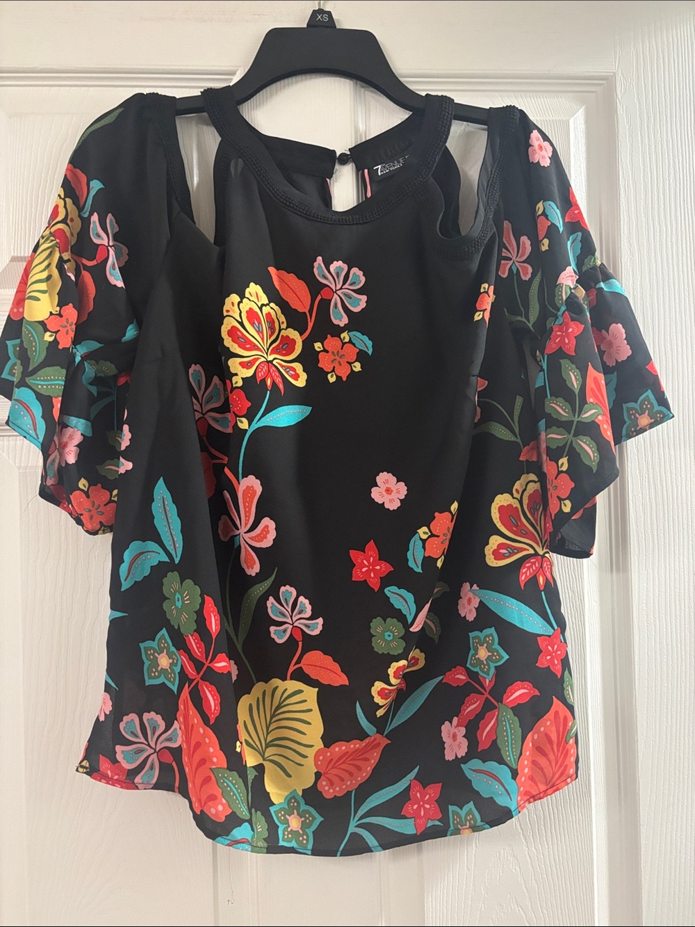 Floral Cold-Shoulder Blouse in Black with Multicolor Print